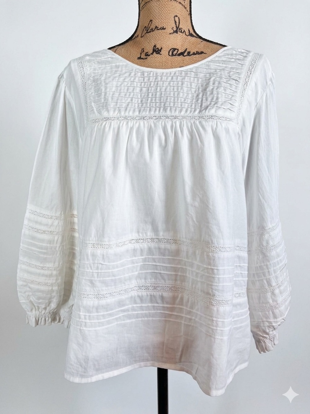 Panero’s  Women's White Pintuck Lace Peasant Blouse. Boho, festival